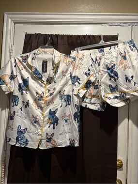 Women M silky White French Bulldog Print Short Pajama Set